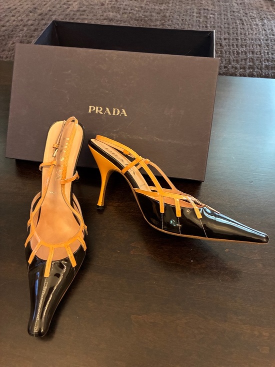 Prada Shoes - Rare Y2K Prada sexy EUC Black Patent + Magnolia coral Strappy Slingback. 37
